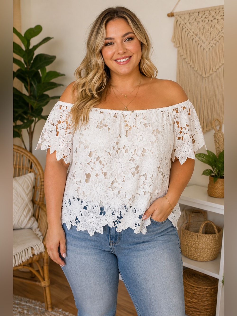Dzzy Gal XL White Floral Lace Off Shoulder Flutter Sleeve Top